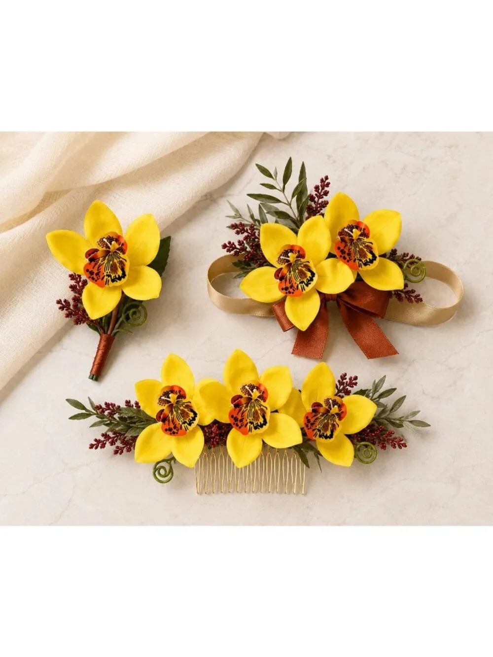 Artificial Yellow Orchid Stems Set of 9 Single Bloom 13 Inch Faux Silk Wedding F